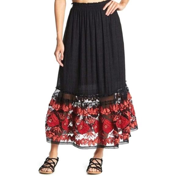Free People Black Floral Embroidered Skirt Midi Roses Flowy Boho Bohemian Small - Picture 14 of 15